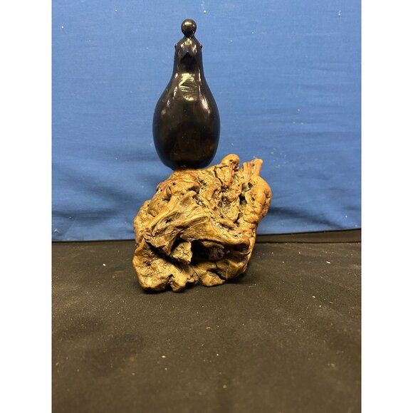 Hand-Carved Black Quail Figurine On Natural Wood Base Rustic Decor - Picture 4 of 5